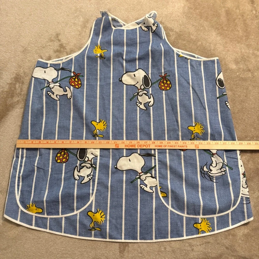 Vintage Snoopy Woodstock Peanuts Blue Striped Cobbler Apron Snap Pockets